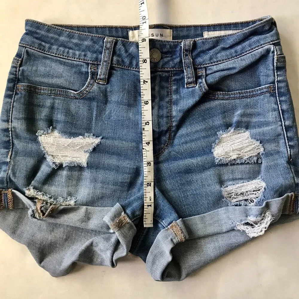 Women's PacSun‎ Distressed Super Stretch Shortie Denim Blue Jean Shorts Size 24